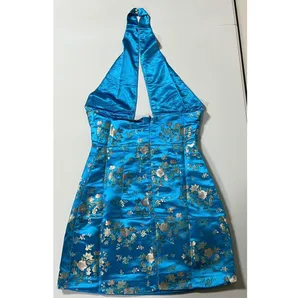 Blue Floral Satin Silk Criss-Cross Halter Mini Dress Size S 💙✨ thumbnail 6