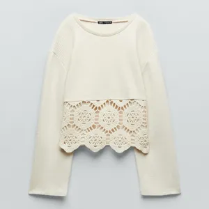 ZARA Beige Ecru Crocheted‎ Long Sleeve Sweater Sweatshirt Top Shirt Size Small thumbnail 2