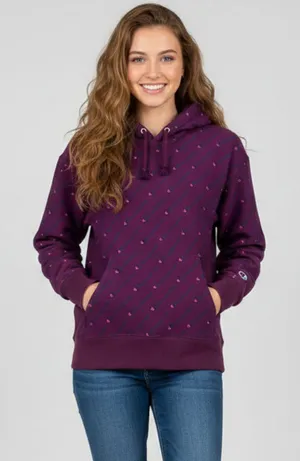 Champion Reverse Weave Hoodie Small Women's All Over Logo Print Burgundy Maroon thumbnail 1