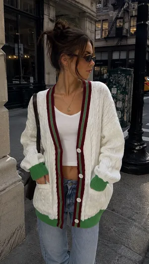 Forever 21 Oversized Cable Knit Varsity Cardigan Cream Red Green Size Small thumbnail 1