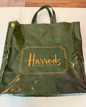 Harrods London Green PVC Shiny Logo Shopper Tote Bag 11.5x14.5” thumbnail 1