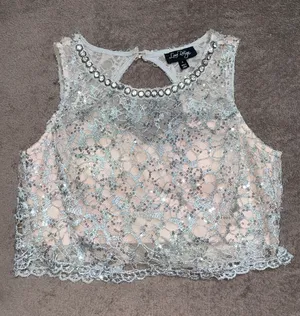 homecoming dress - Baby Pink & Silver Two Piece Sequins Crop Chiffon Style Bottom thumbnail 3