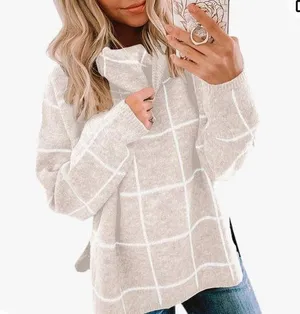 Ecowish Beige Grid Paneled turtleneck sweater thumbnail 1