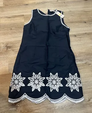 Nanette Lepore Navy Blue Sleeveless Dress with White Floral Trim embroidered mini dress thumbnail 1