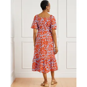 Talbots Size‎ 10 Midi Dress Puff Sleeve Poplin Floral Orange Blue Fit Flare 1526 thumbnail 3