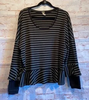 Free people round about tee long sleeve stripe L Large black green peplum casual thumbnail 1