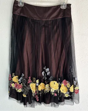 Karen Millen Y2K tulle Floral Midi Skirt Fairycore Whimsigoth Brown Black Sz 4 thumbnail 1