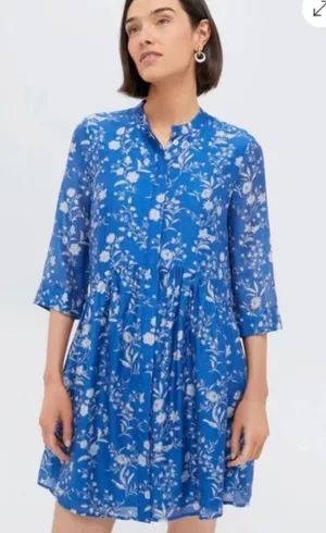 Tuckernuck Limoges Floral Royal Blue Shirt Dropped Waist Mini Dress Size M thumbnail 1