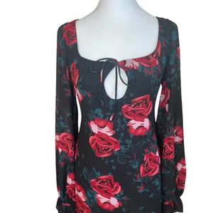 Princess Polly Bayford Long Sleeve Mini Dress Red Black Roses US Size 6‎ NWT thumbnail 6