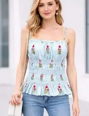 We The Free Dolce Vita Tank Top Women L Blue Floral Smocked Boho Cottage Coastal thumbnail 1