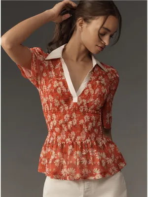 Anthropologie Maeve Short-Sleeve Smocked Polo Top thumbnail 1