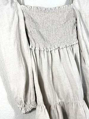 Aritzia Wilfred Tempest Natural Oatmeal Organic Linen Smocked Mini Dress S Boho thumbnail 5