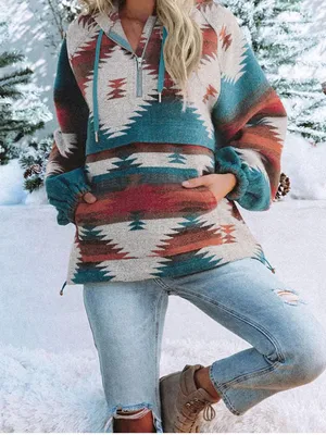 Fessceruna womens medium blue aztec half zip up hoodie sweatshirt oversized thumbnail 13