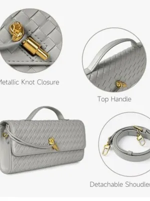 Woven Leather Top-Handle Clutch in Light Gray thumbnail 6