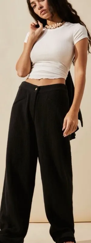 FREE PEOPLE Like A Cloud Waffle Cotton Knit Black High Waist Pants Trousers thumbnail 1