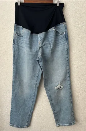Isabel 80s Size 14 Maternity Distressed Denim Jeans with Black Belly Panel thumbnail 1