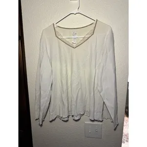 Aria Womens Cream Waffle Knit Thermal Top Lace Trim V-Neck Long Sleeve Large thumbnail 2