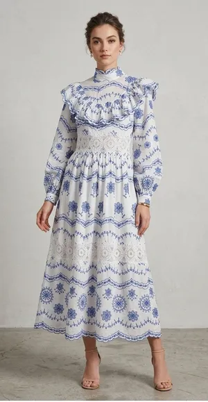 ASOS EDITION White Blue Embroidered Maxi Dress Lace Long Sleeve US 2 . thumbnail 1