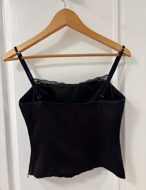Y2K Zara Lace Trim Bow Fitted Dark Brown Tank Top Feminine Coquette Going Out S thumbnail 3