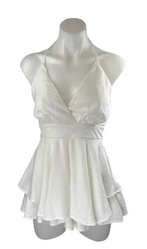 Lovesong White Sleeveless V Neck Tiered A Line Flare Tie Romper Shorts Size S thumbnail 1