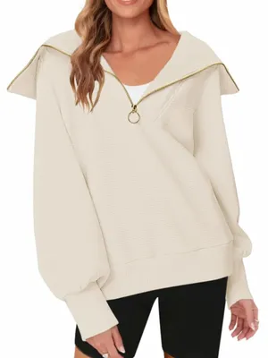 Merokeety Women's Size Large Quarter Zip V Neck Collar Ribbed Sweatshirt Cream thumbnail 1
