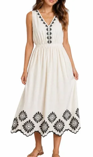 Universal Thread Womens Size XL Cream Black Embroidered Midi Dress Boho Pockets thumbnail 1