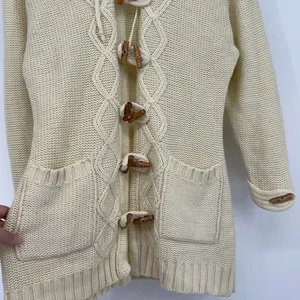 Vintage Monarch Knits Cable‎ Knit Hooded Toggle Cardigan Sweater Ivory Size L thumbnail 4