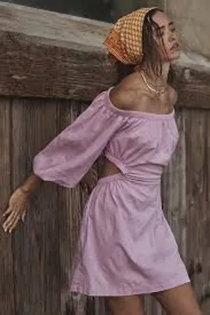 FREE PEOPLE Cut Out For This Mini Dress FEMININE Puff Sleeve Pink Flower Trail M thumbnail 1