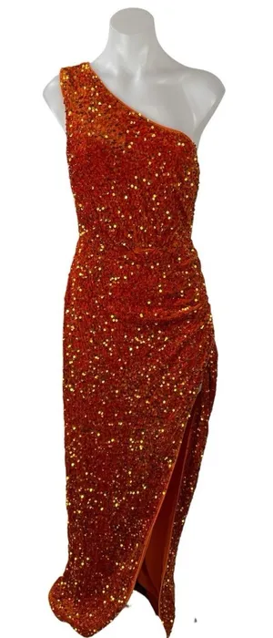 Women's Orange Sequin One Shoulder Slit Evening Gown Maxi Tank Bodycon Dress M thumbnail 1