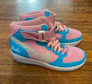 Custom Hand Painted Nike Air Force 1 High Barbie Pink Blue Glitter Sneakers OOAK thumbnail 1