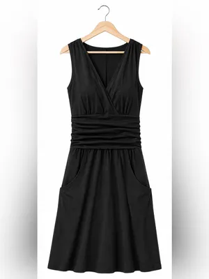 Athleta Jura Sleeveless Black V Neck Empire Waist Pocket Dress Women's M L Tall thumbnail 3