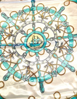 Vintage Square Sailing BOAT,WHEEL&Anchor 35/35 Oversized TEAL satin Silky SCARF thumbnail 8