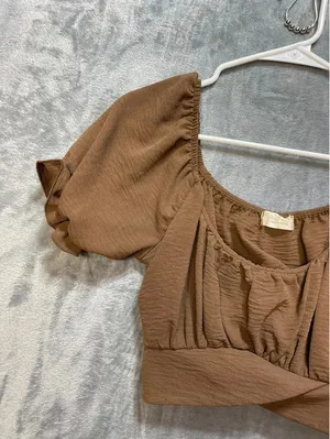 Altar'd State Womens Crop Top Brown Puff Sleeve Back Tie Small thumbnail 4