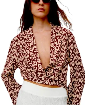 Zara Burgundy Cream Faux Wrap Blouse Print Vneck S thumbnail 1