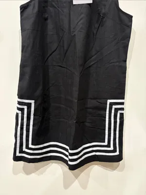 Linen Cotton Blend Sleeveless Black Mini Shift Dress with White Geometric Hem M thumbnail 3