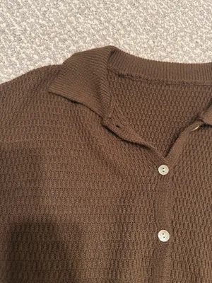 Boutique brown knit button up short sleeve shirt thumbnail 2