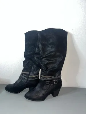 Jellypop Kylee Chain Strap Gunmetal Metallic Brushed Moto Boho Knee Zip Boots 10 thumbnail 3