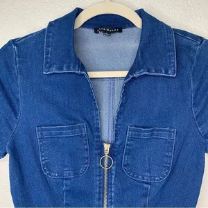 NWOT Haute Monde Zip Up Front Denim Short Sleeves Bodycon Jumpsuit, Sz Small thumbnail 5