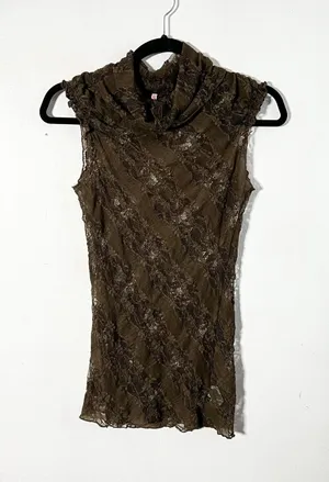 Vtg y2k 2000s Lace Top Small Green Mesh Cowl Neck Fairy Grunge Boho thumbnail 1