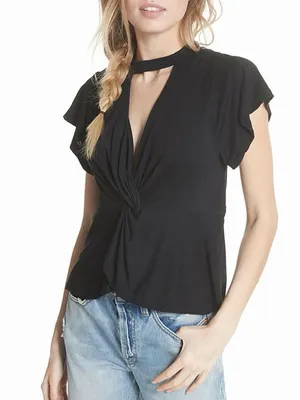 Free People Just a Twist Black Keyhole Short Flutter Sleeve Lightweight Top thumbnail 2