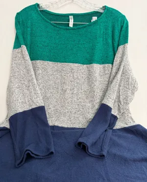 Emerald Colorblock Crewneck Pullover Sweater Top - Teal, Gray & Navy thumbnail 1