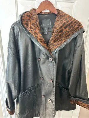 LIMITED London Paris New York leather black jacket soft sz M w hood faux fur thumbnail 1