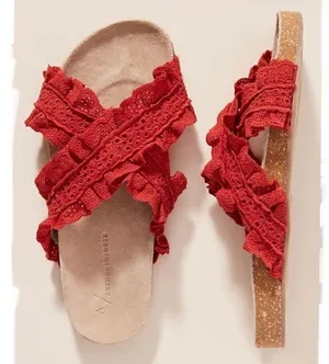 Anthropologie Bianca Ruffled‎ Slide Sandals in Red Size 8 thumbnail 1