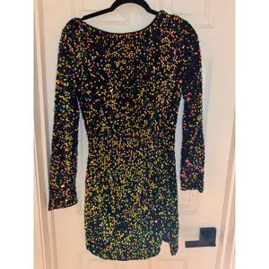 Bella Barnett NWT Sequin Mini Dress M Black Rainbow Long Sleeve‎ Open Back Dress thumbnail 3