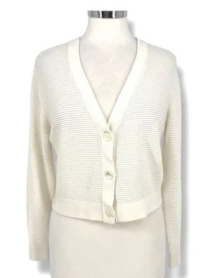 Wilfred Ribbed Knit Button-Up Cropped V-Neck Cardigan Sweater Ivory Size Medium thumbnail 1
