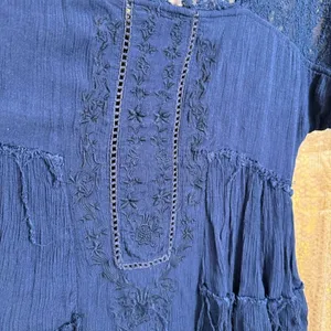 Free People Navy Blue Tiered Distressed Boho Lace Embroidered Dress Small thumbnail 3