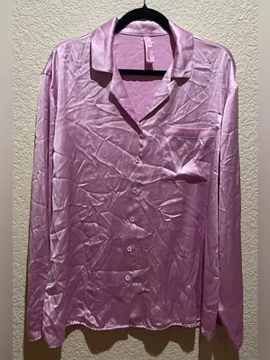 SKIMS Woven Shine Long Sleeve Sleep Set Pajamas Pink Rose Size M NWT thumbnail 13