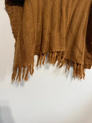 Ultra Flirt Cozy Fringe Mock Neck Poncho in Tan/Brown thumbnail 5