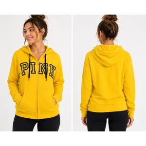 PINK Victoria's Secret Hoodie Women Large Yellow Full Zip Logo Sweatshirt thumbnail 2