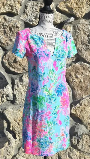 Lilly Pulitzer Blue Floral Midi Dress with Pink & Green Accents thumbnail 1